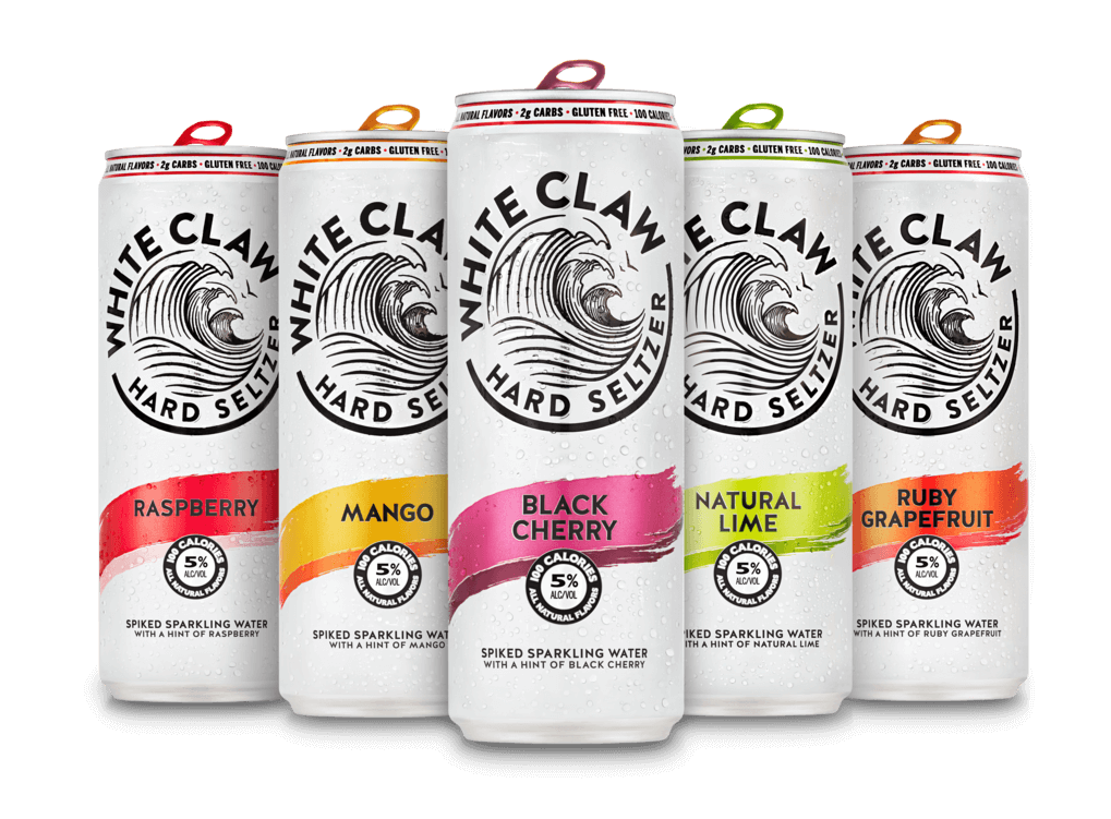 a stack of White Claw cans with different flavors 